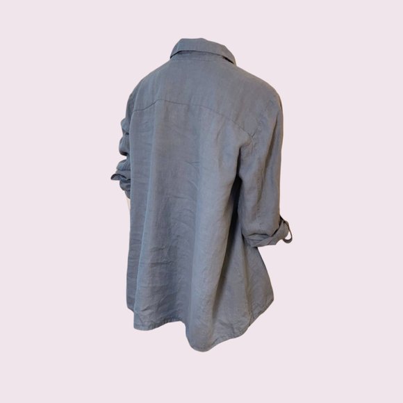 Eileen Fisher Blue Linen Tunic Top with Button Down Collar and Long Sleeves - Picture 2 of 6